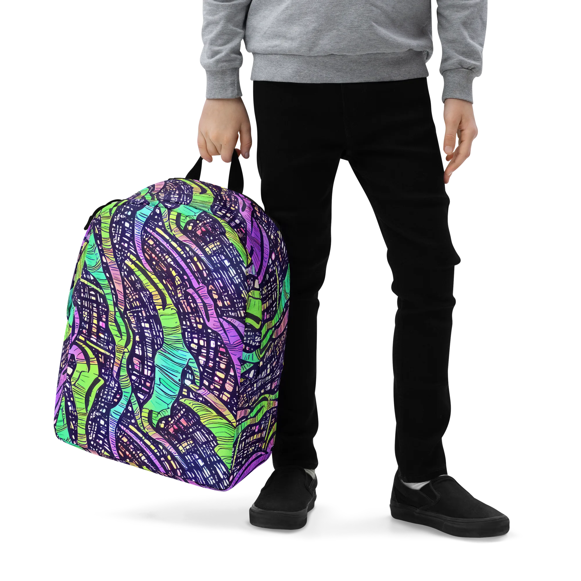 Neon Jungle Grid on Minimalist Backpack — Zoomed-in