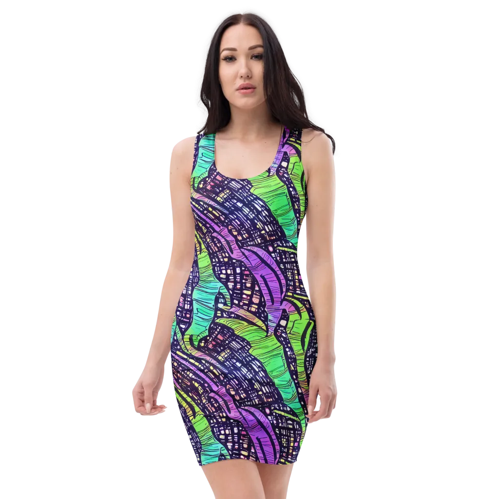 Neon Jungle Grid on Bodycon Dress — Front