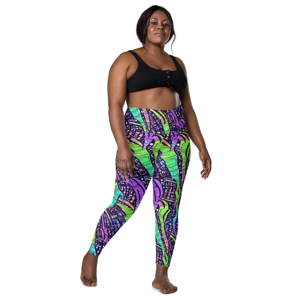 Neon Jungle Grid on Leggings with Pockets — Front
