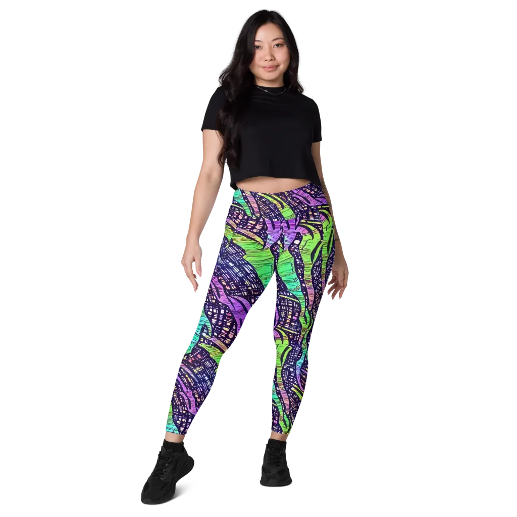 Neon Jungle Grid on Leggings with Pockets — Front