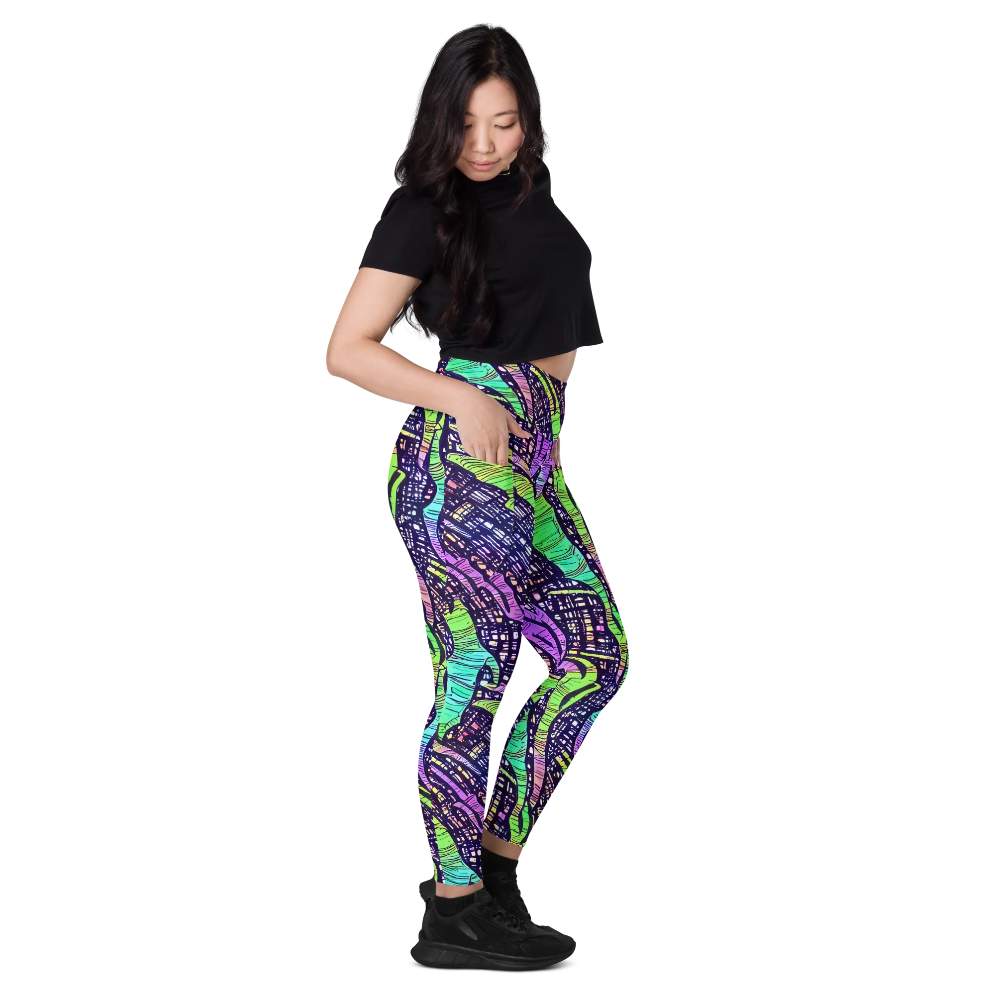 Neon Jungle Grid on Leggings with Pockets — Right