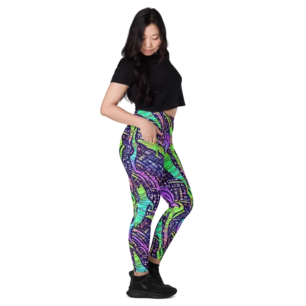 Neon Jungle Grid on Leggings with Pockets — Right