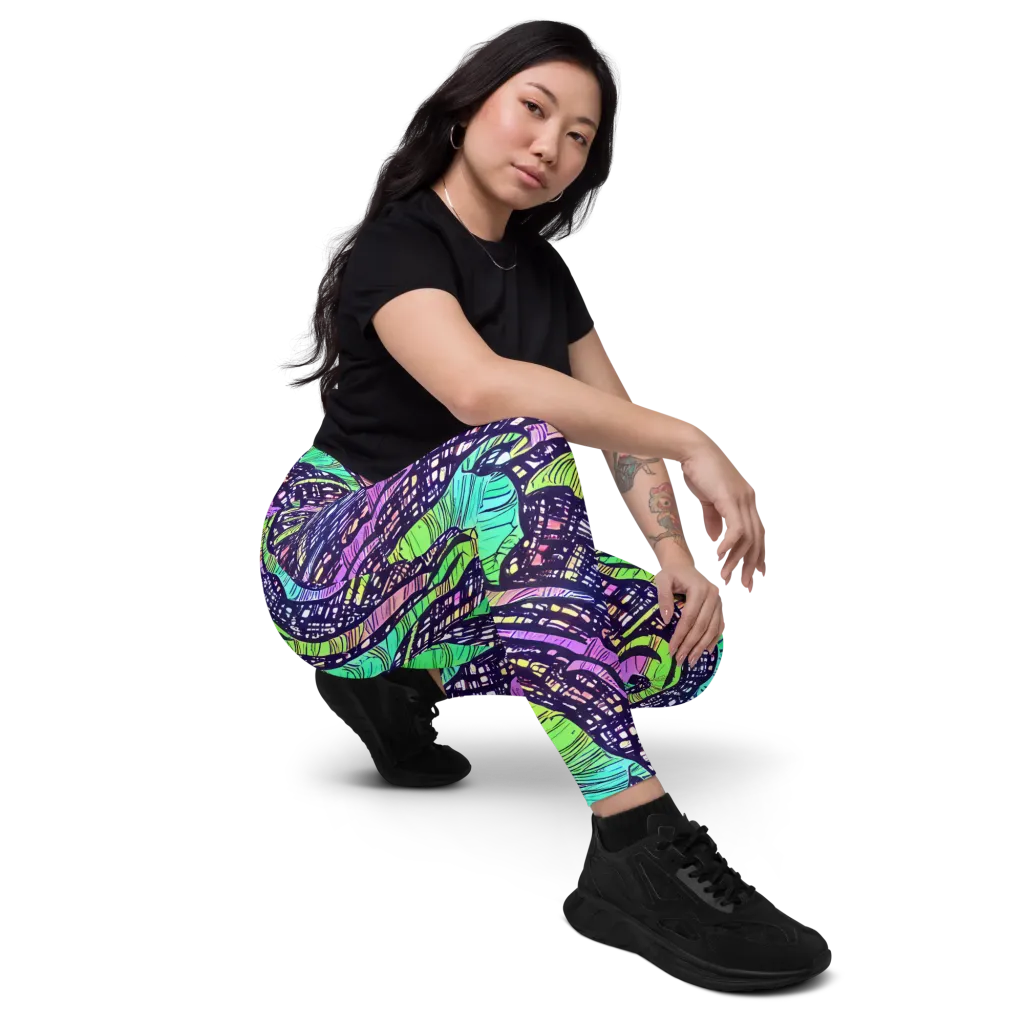 Neon Jungle Grid on Leggings with Pockets — Right Front