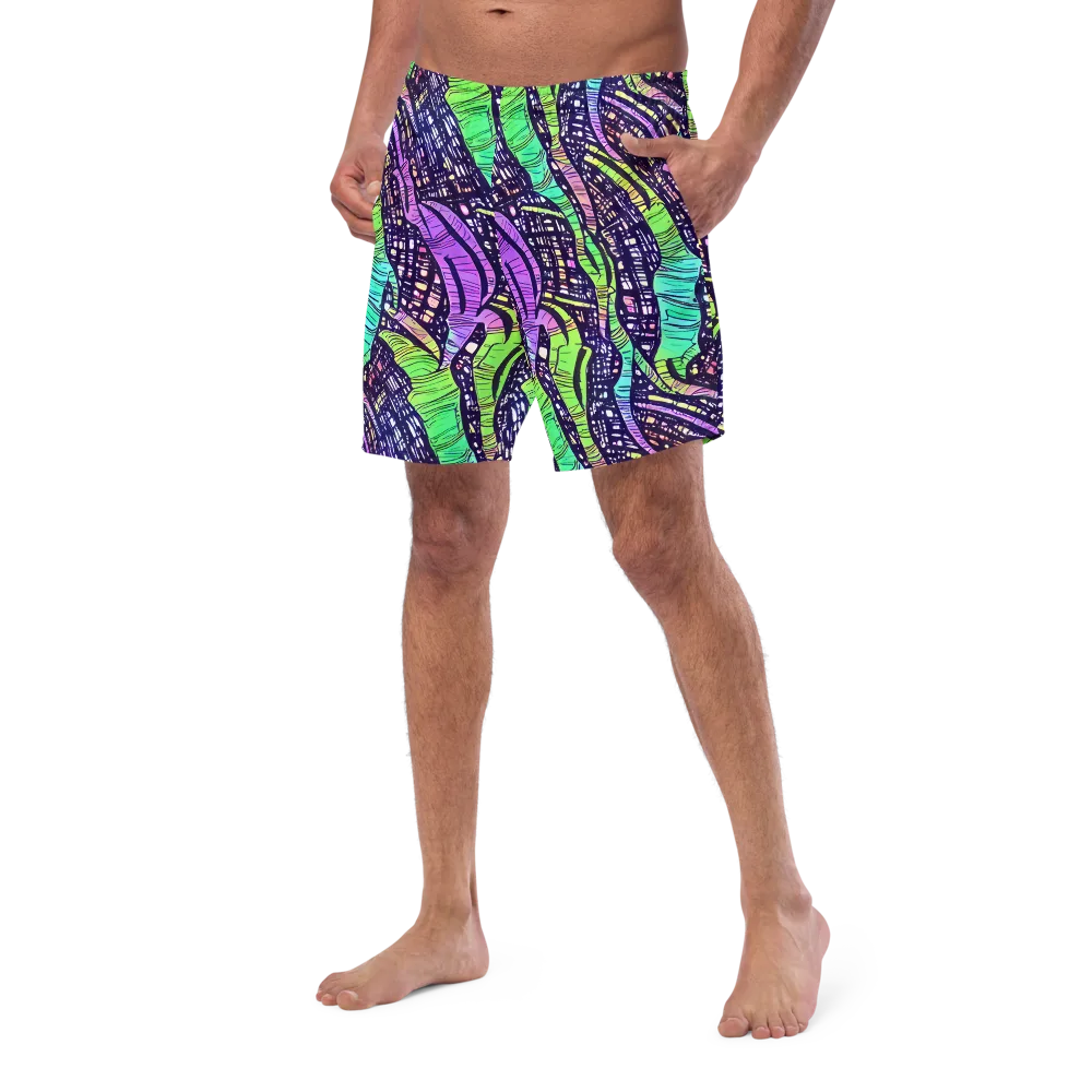 Neon Jungle Grid on Swim Trunks — Left Front