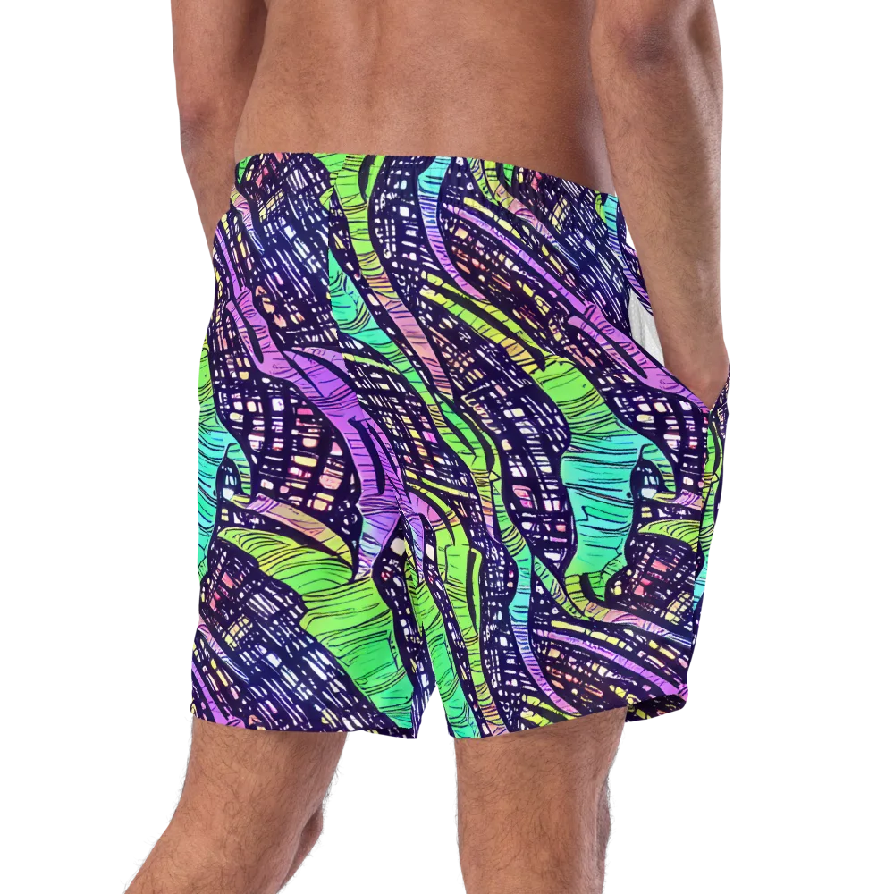 Neon Jungle Grid on Swim Trunks — Right Back