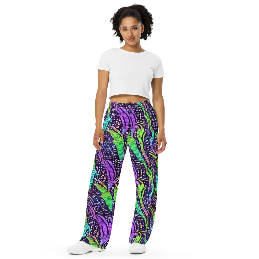 Neon Jungle Grid on Wide-Leg Pants — Front