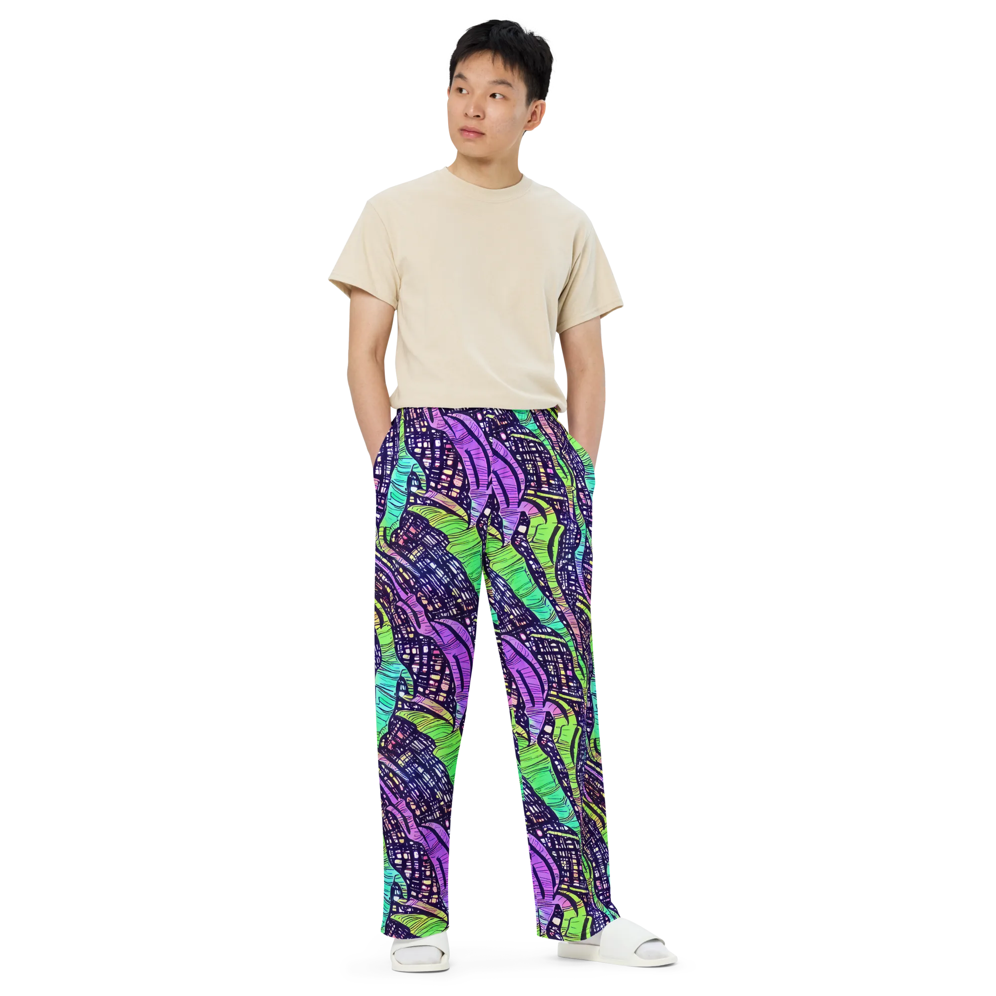 Neon Jungle Grid on Wide-Leg Pants — Front