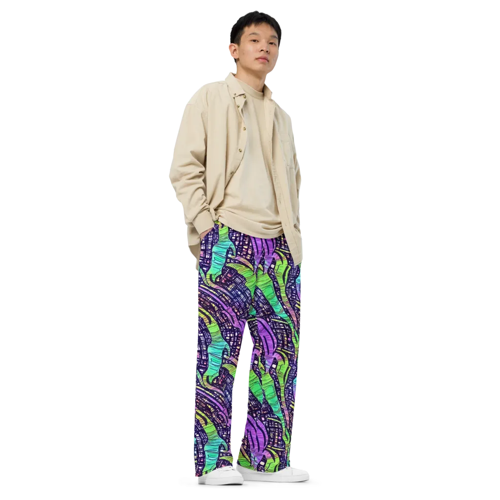 Neon Jungle Grid on Wide-Leg Pants — Right Front
