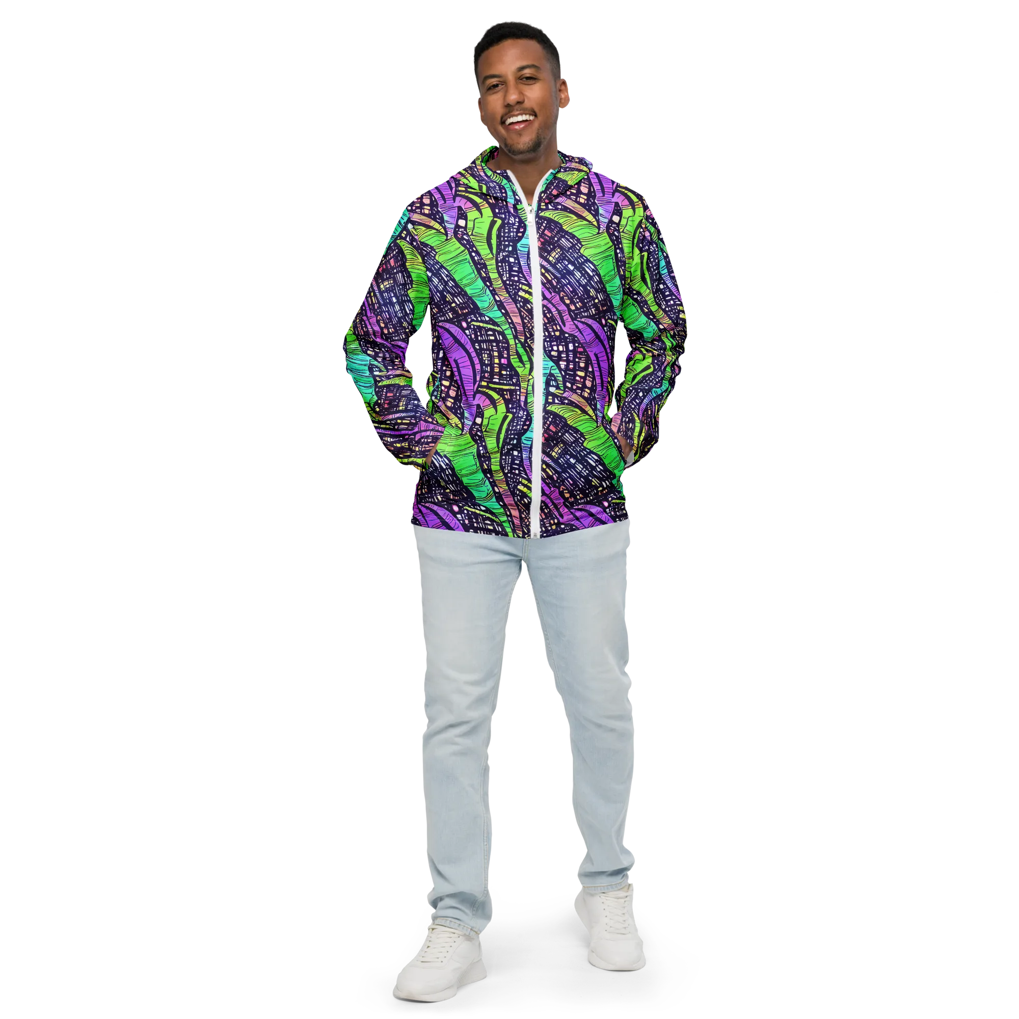 Neon Jungle Grid on Men's Windbreaker — Front