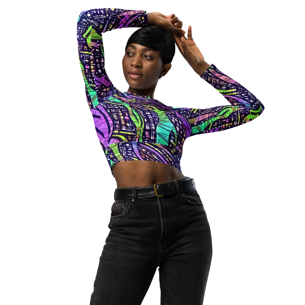 Neon Jungle Grid on Long Sleeve Crop Top — Front