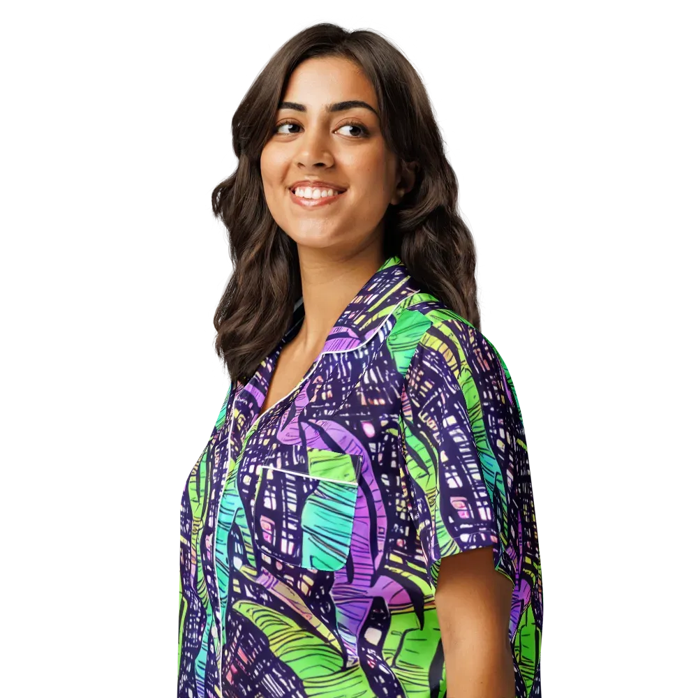 Neon Jungle Grid on Women's Short Sleeve Pajama Top — Left Front