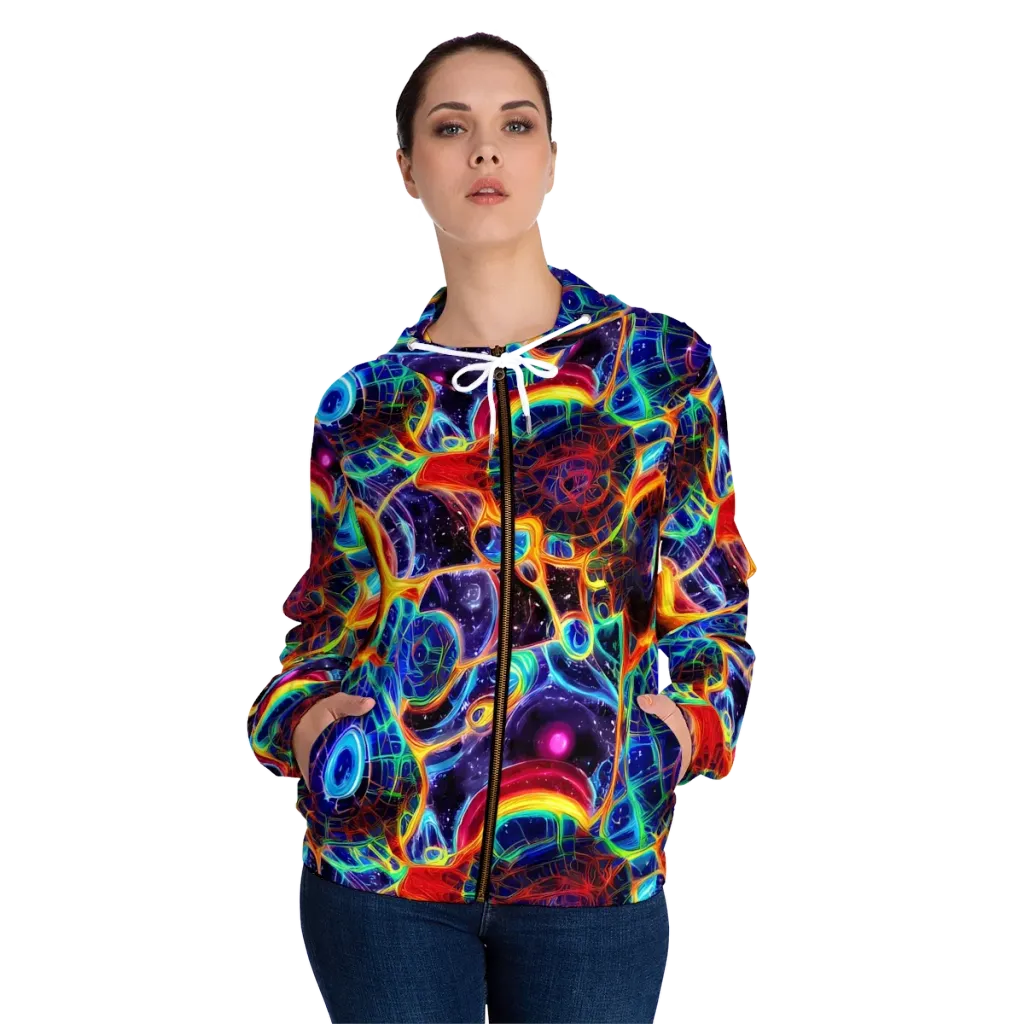 Radiant Cosmos on Women's Full-Zip Hoodie — Front On Person