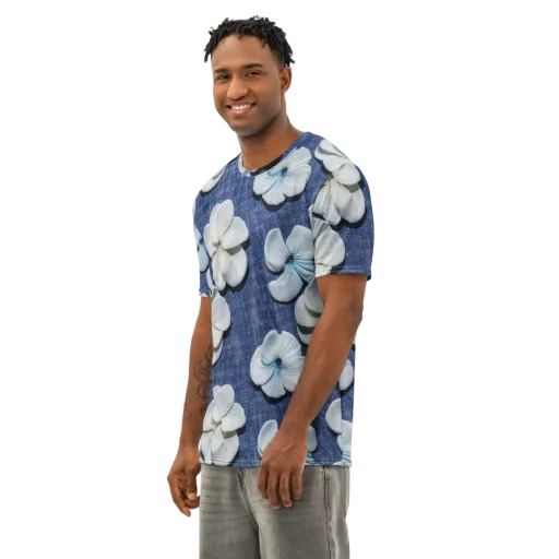 Azure Petal Drift on a Men's Cotton Crew Neck T-Shirt