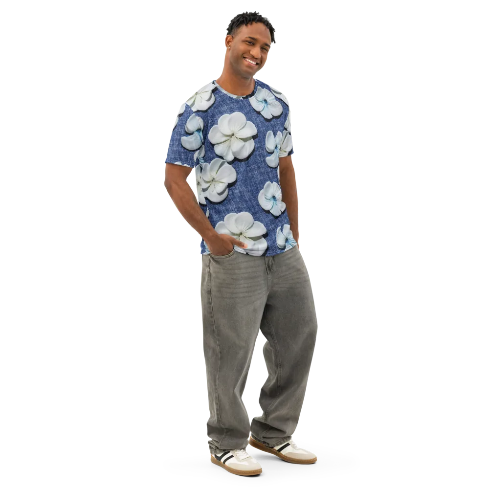 Azure Petal Drift on Men's Cotton Crew Neck T-Shirt — Right Front