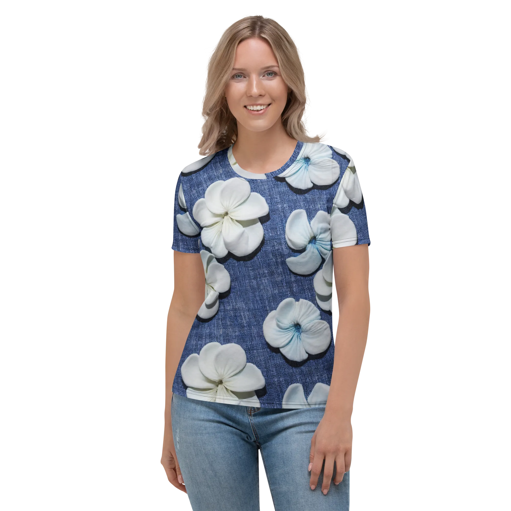 Azure Petal Drift on Women's Crew Neck T-Shirt — Front