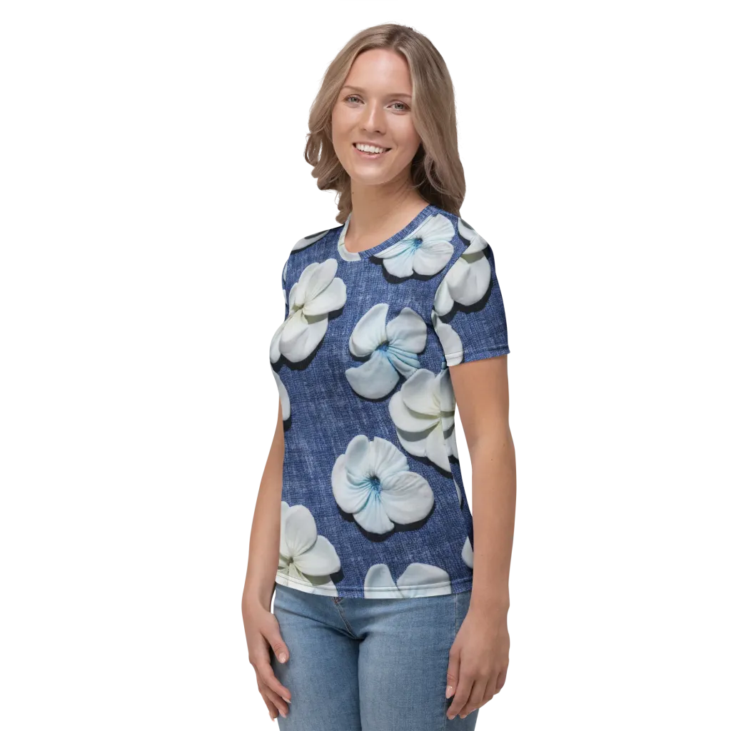 Azure Petal Drift on Women's Crew Neck T-Shirt — Left
