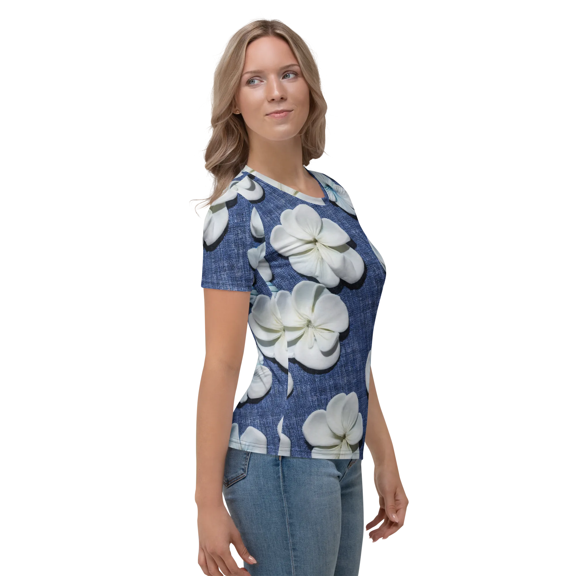 Azure Petal Drift on Women's Crew Neck T-Shirt — Right