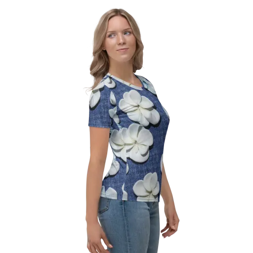 Azure Petal Drift on a Women's Crew Neck T-Shirt