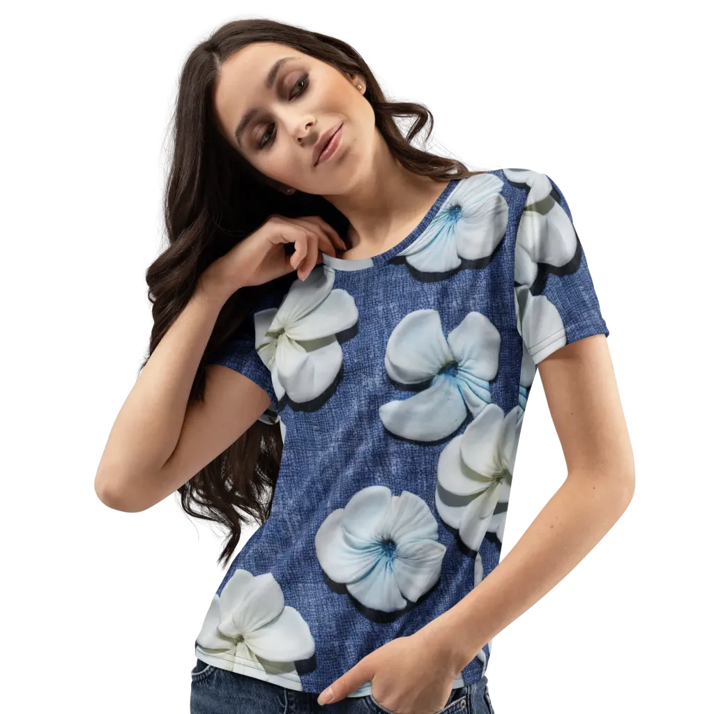 Azure Petal Drift on Women's Crew Neck T-Shirt — Left Front