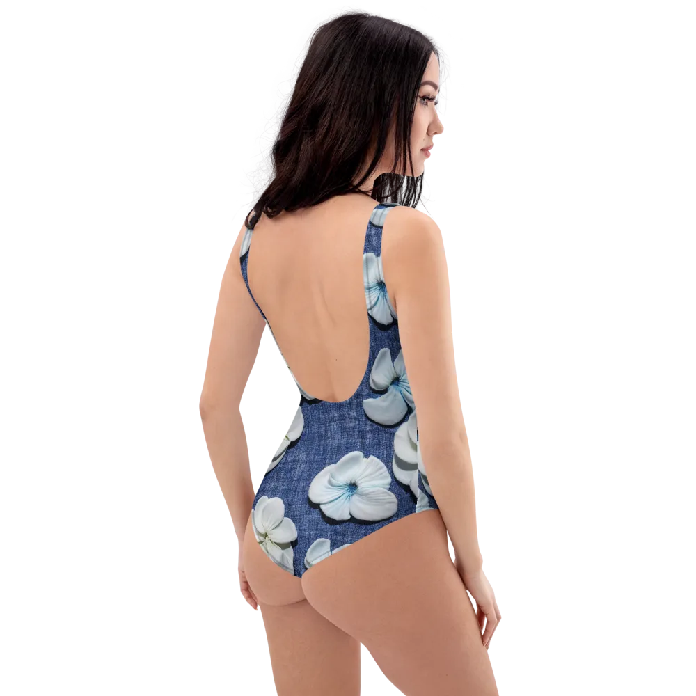 Azure Petal Drift on One-Piece Swimsuit — Right Back