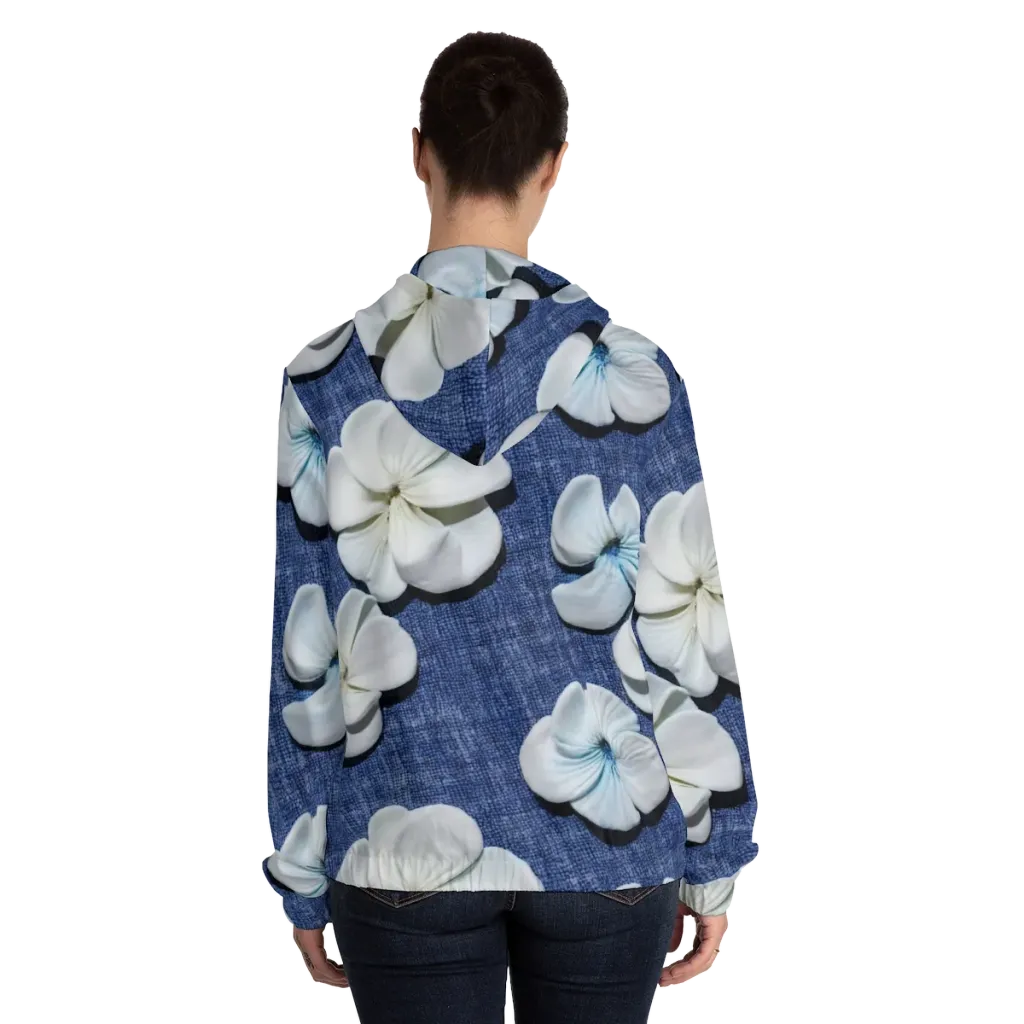 Azure Petal Drift on Women's Full-Zip Hoodie — Back On Person
