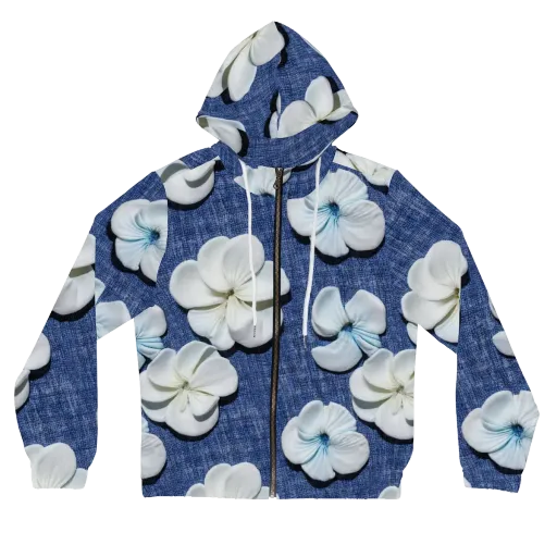 Azure Petal Drift on a Women's Full-Zip Hoodie
