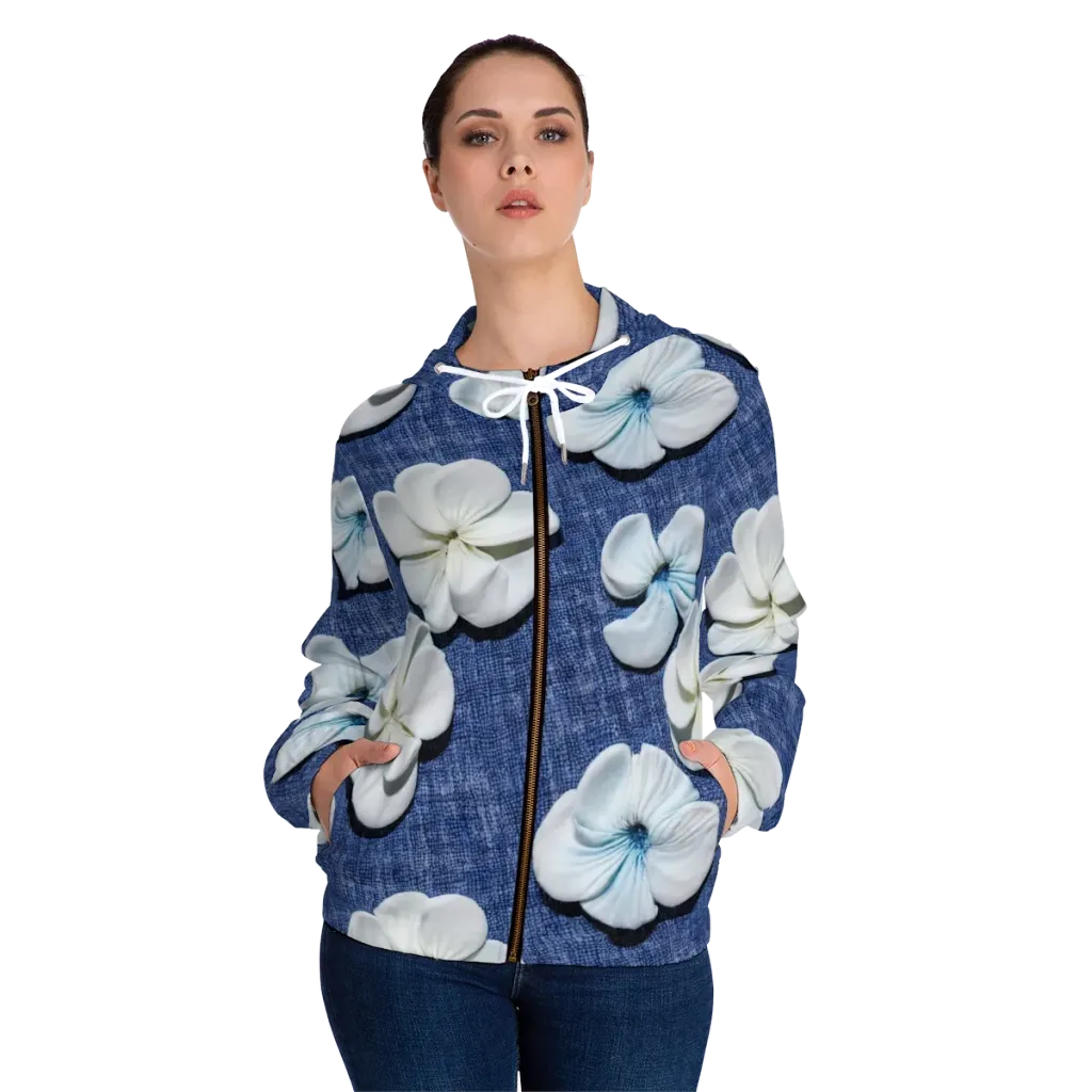 Azure Petal Drift on Women's Full-Zip Hoodie — Front On Person