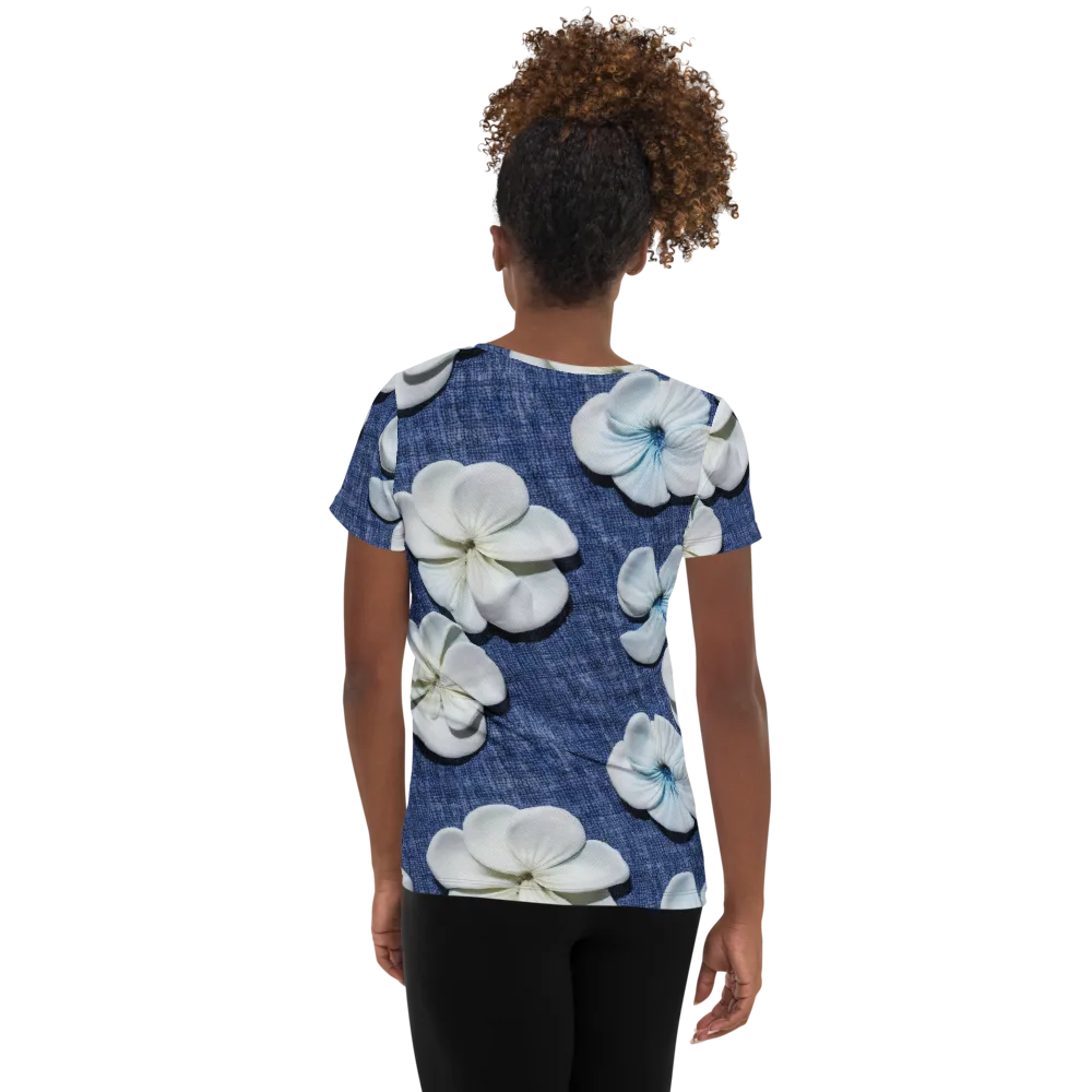 Azure Petal Drift on Women's Athletic T-Shirt — Back