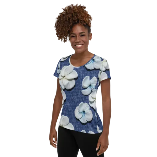 Azure Petal Drift on a Women's Athletic T-Shirt