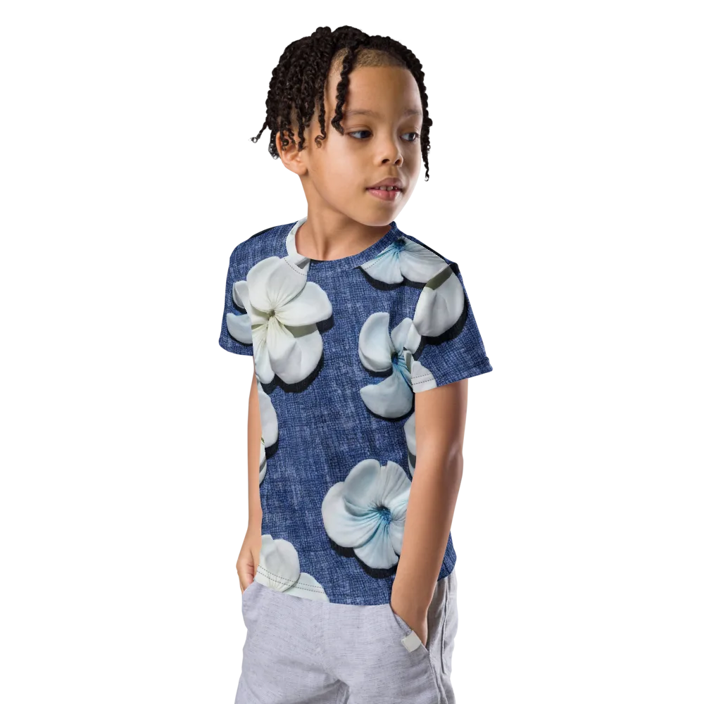 Azure Petal Drift on Kids Crew Neck T-Shirt — Left Front