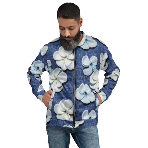 Azure Petal Drift on a Bomber Jacket
