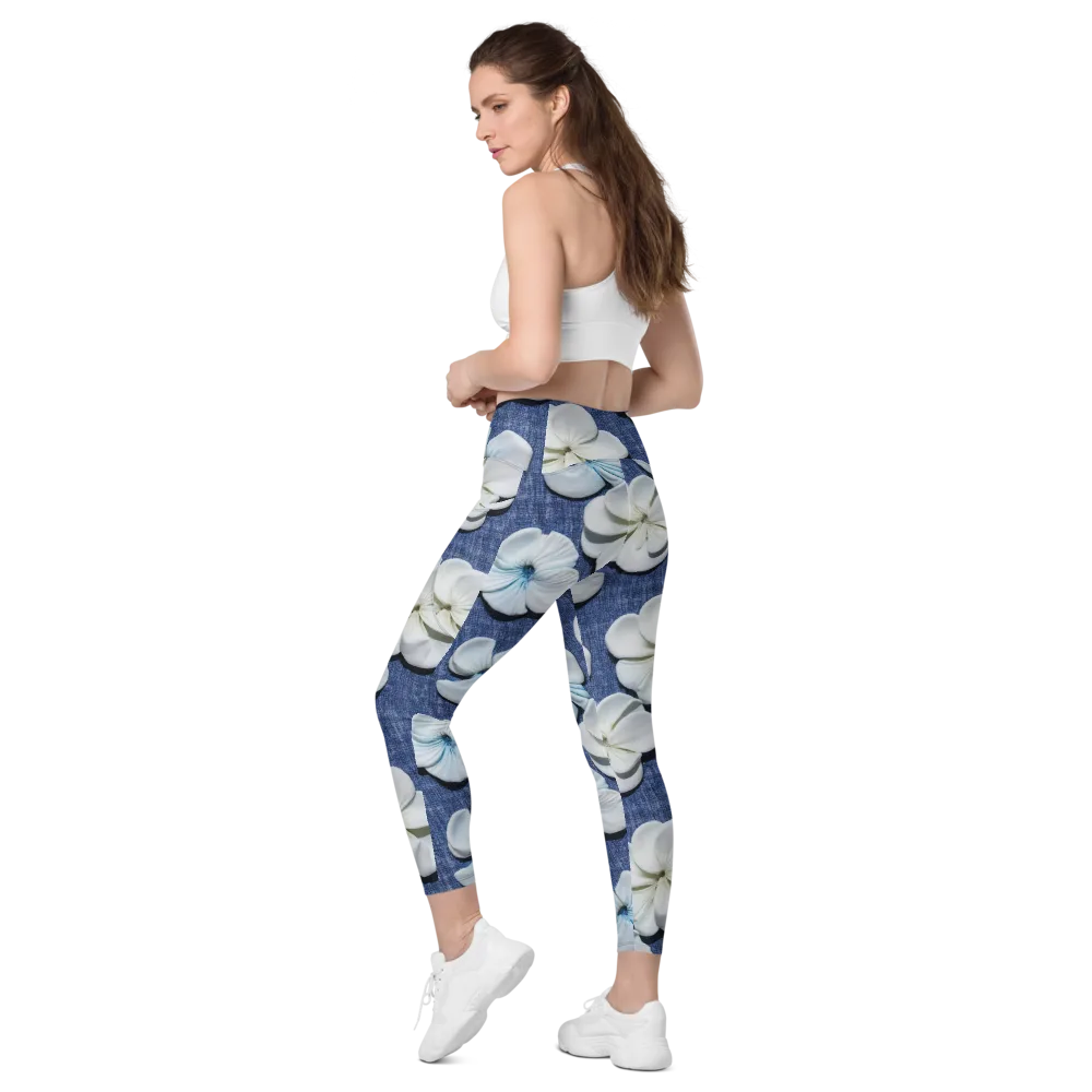 Azure Petal Drift on Leggings with Pockets — Left Back