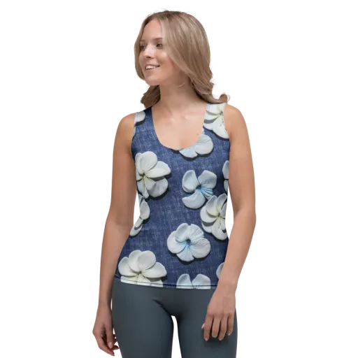 Azure Petal Drift on a Women's Tank Top