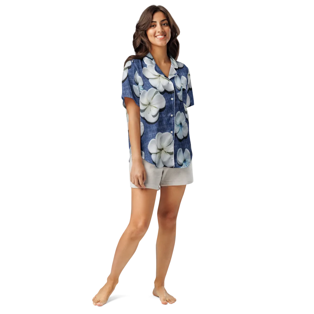 Azure Petal Drift on Women's Short Sleeve Pajama Top — Front