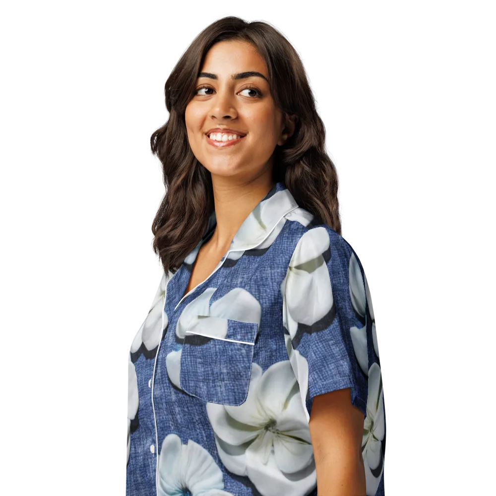 Azure Petal Drift on Women's Short Sleeve Pajama Top — Left Front