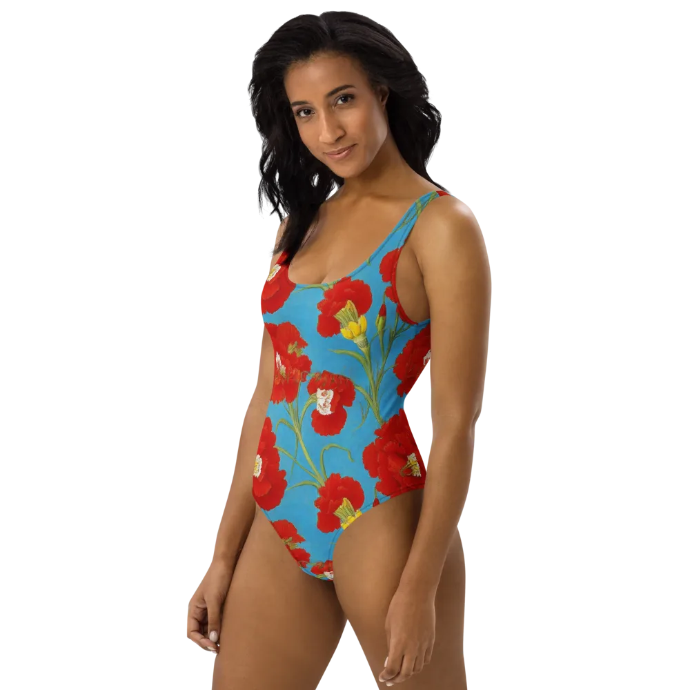 Scarlet Carnation on One-Piece Swimsuit — Left