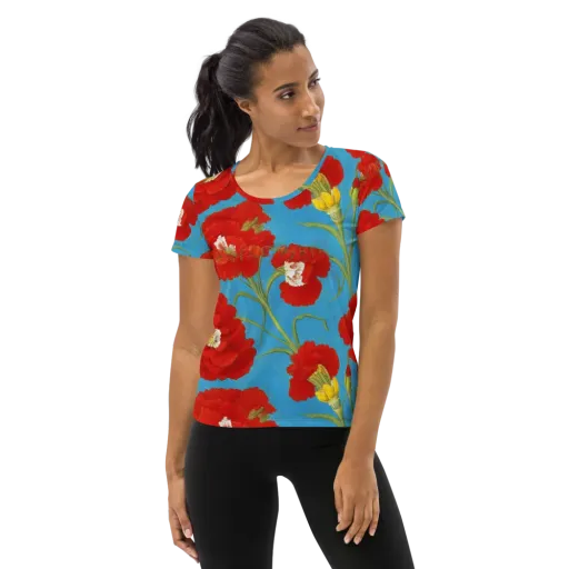 Scarlet Carnation on a Women's Athletic T-Shirt