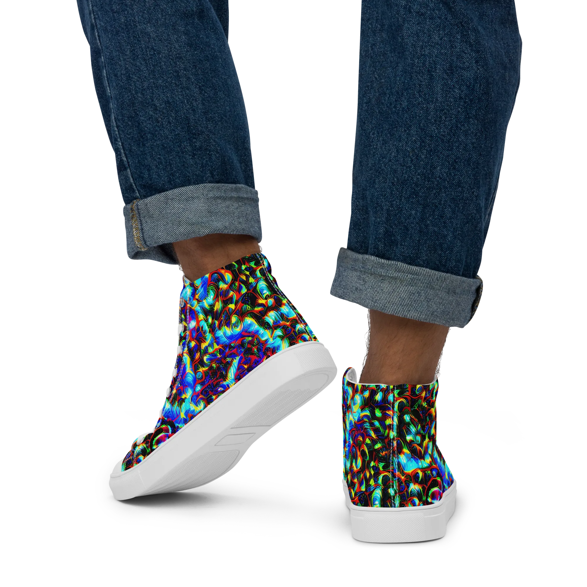 Blue Flame Jungle on Men's High Top Canvas Shoes — Back