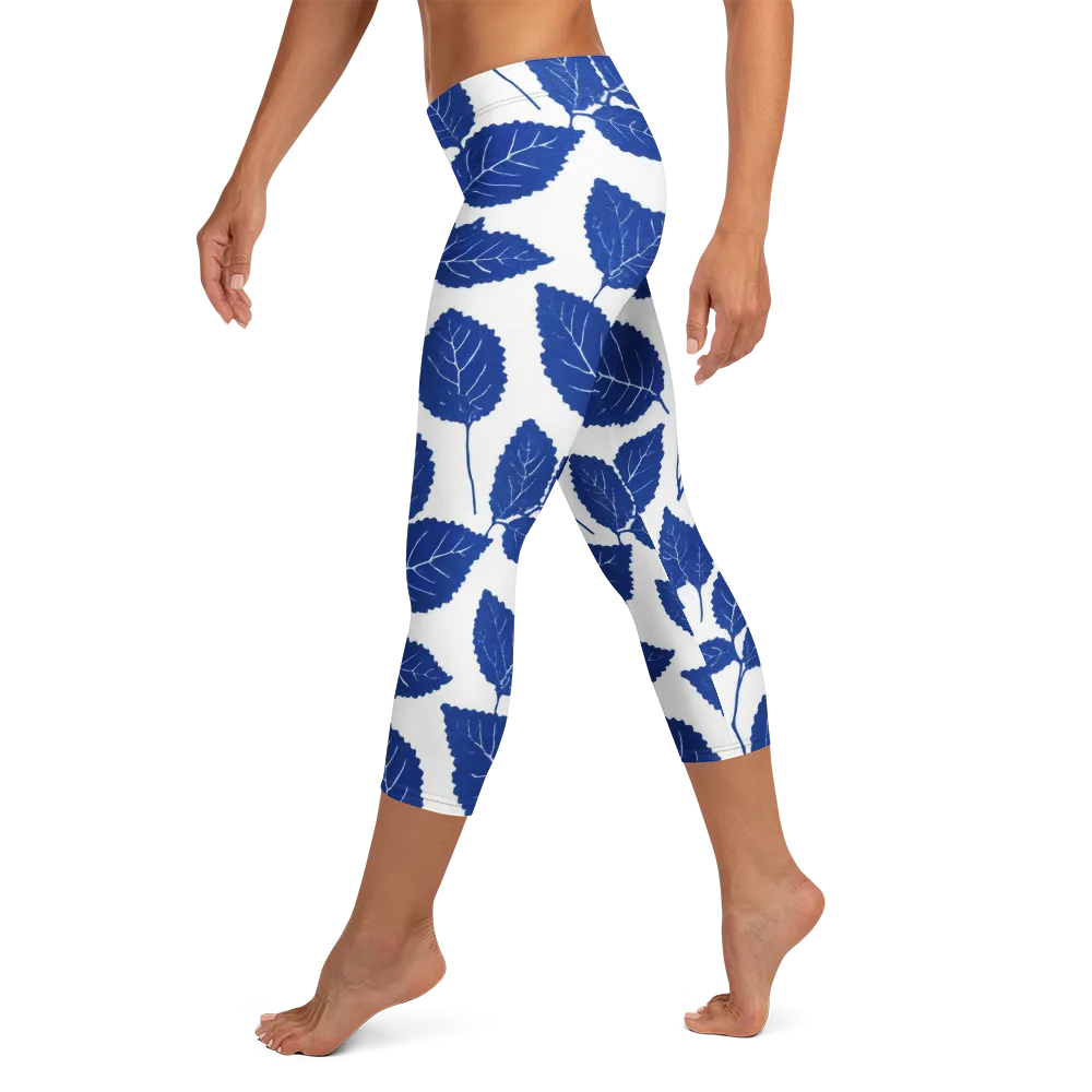 Indigo Leaves on Capri Leggings — Left