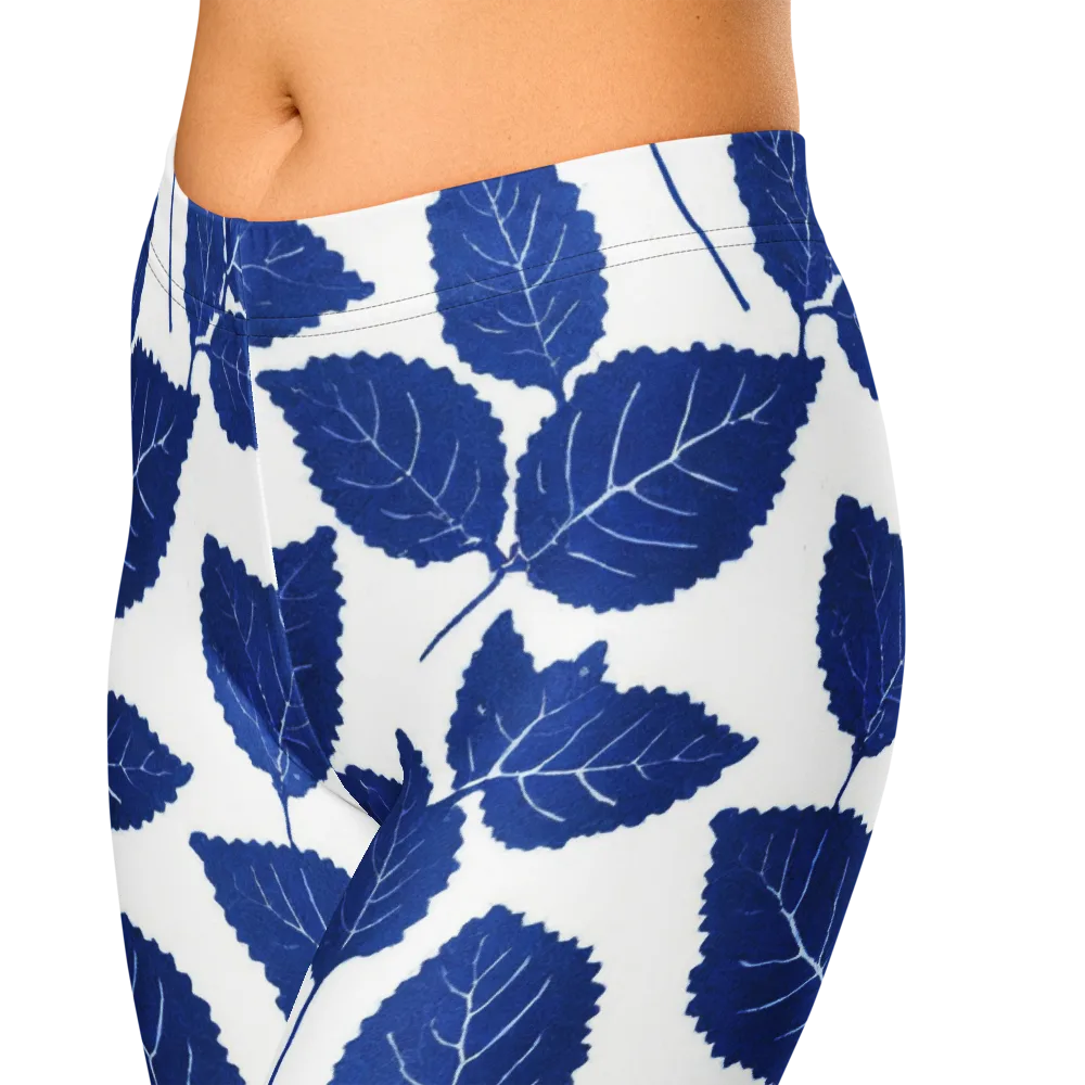 Indigo Leaves on Capri Leggings — Zoomed-in
