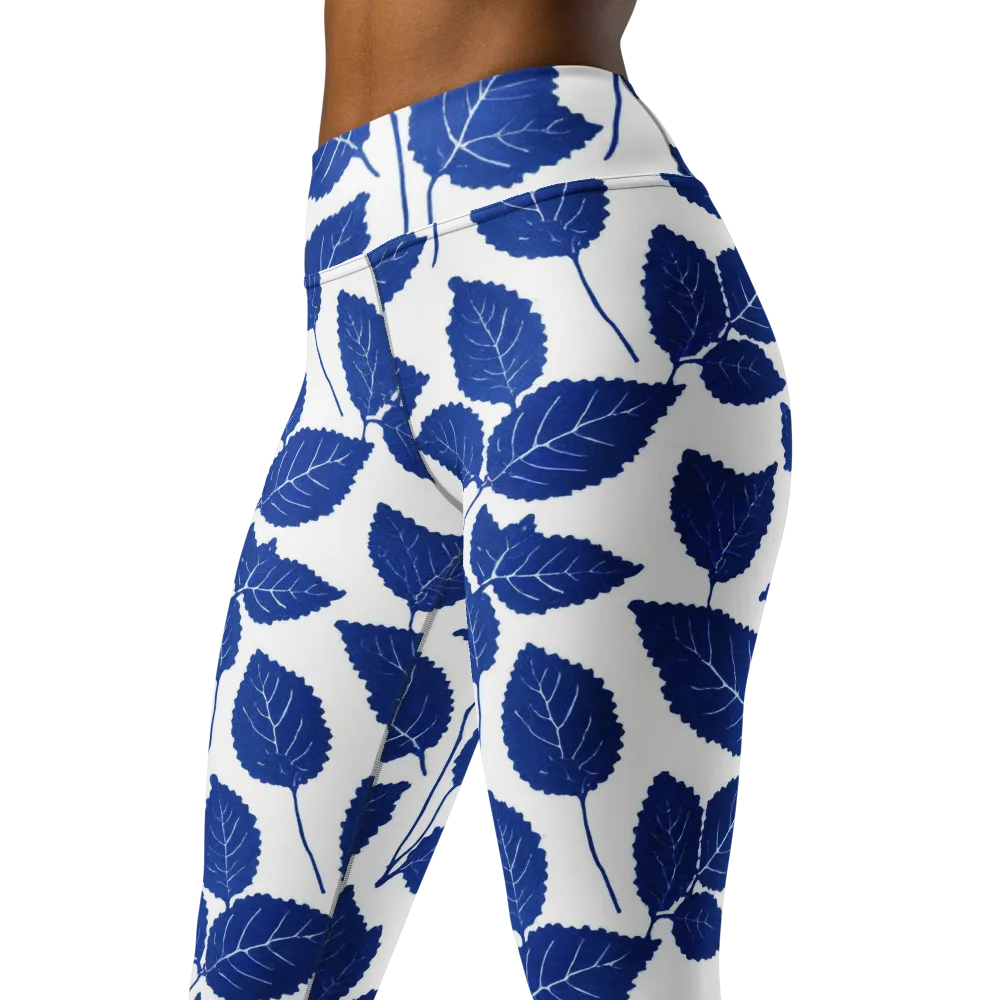 Indigo Leaves on Yoga Leggings — Left Front