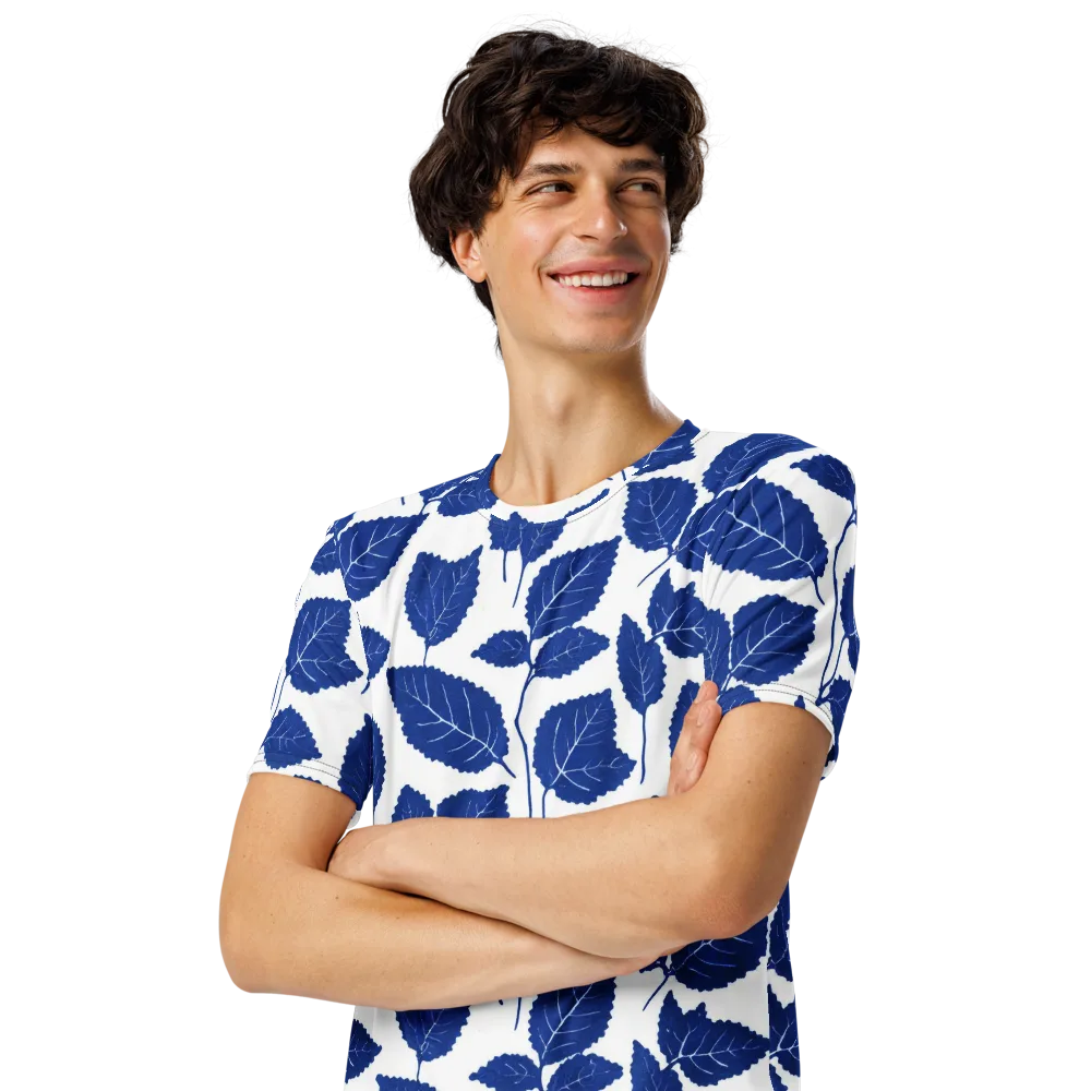 Indigo Leaves on Men's Crew Neck T-Shirt — Left Front