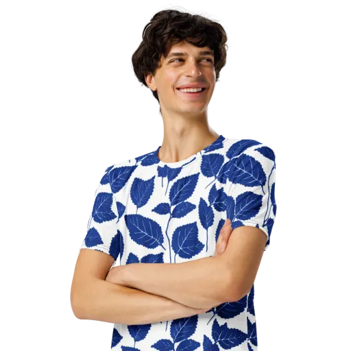 Indigo Leaves on a Men's Crew Neck T-Shirt