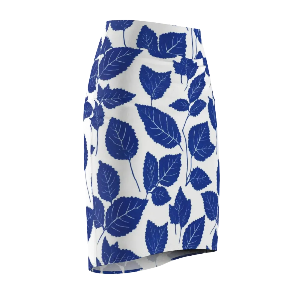 Indigo Leaves on Pencil Skirt — Front Side