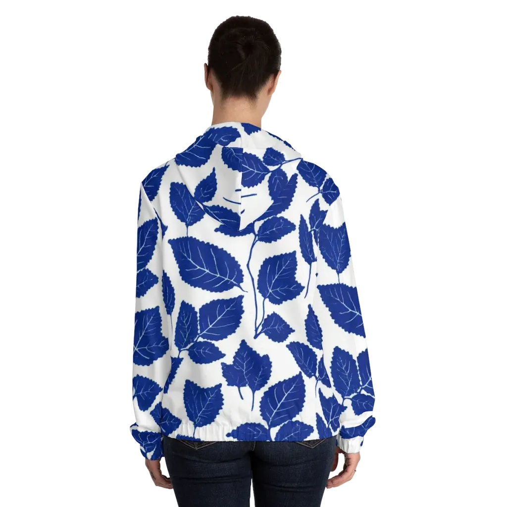 Indigo Leaves on Women's Full-Zip Hoodie — Back On Person
