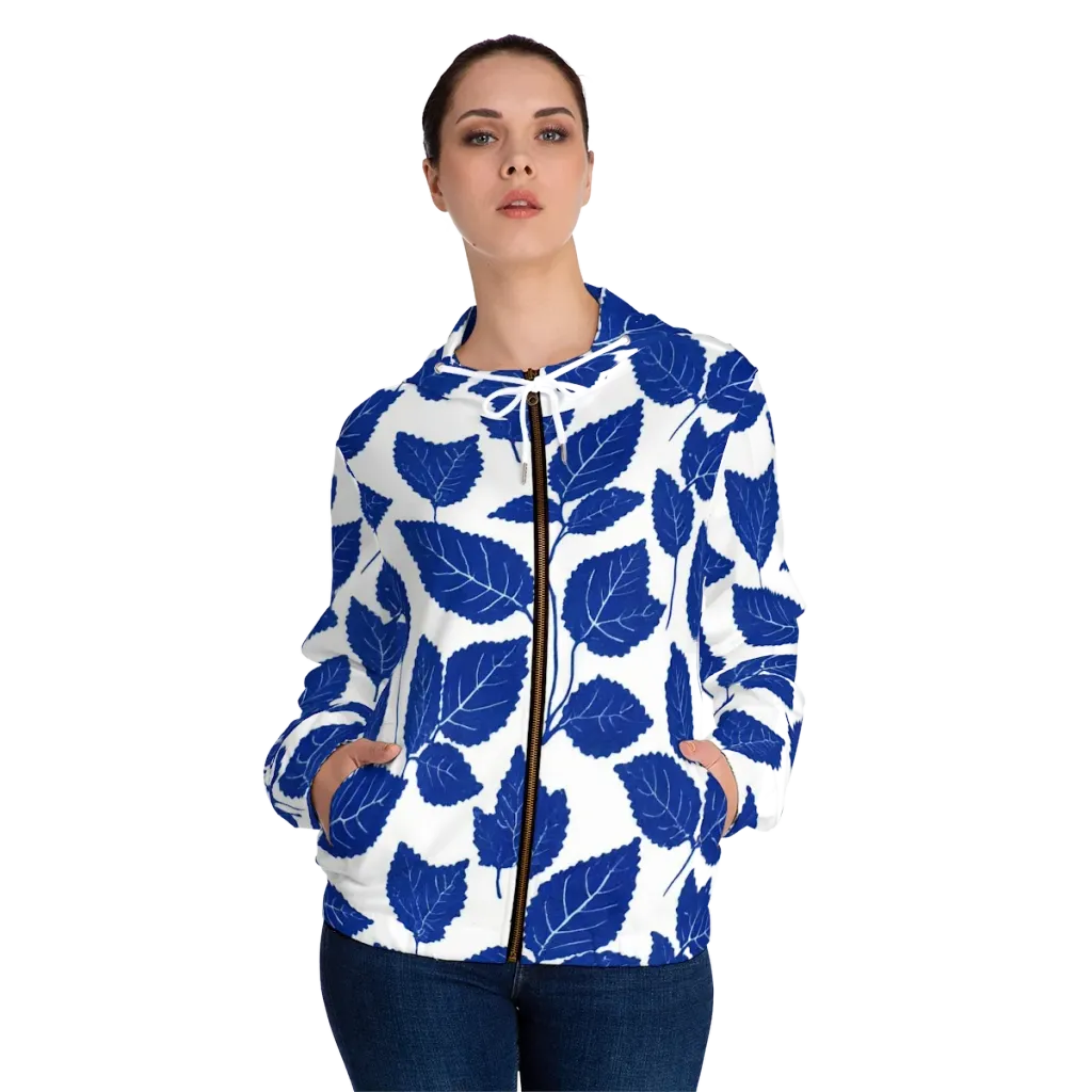 Indigo Leaves on Women's Full-Zip Hoodie — Front On Person