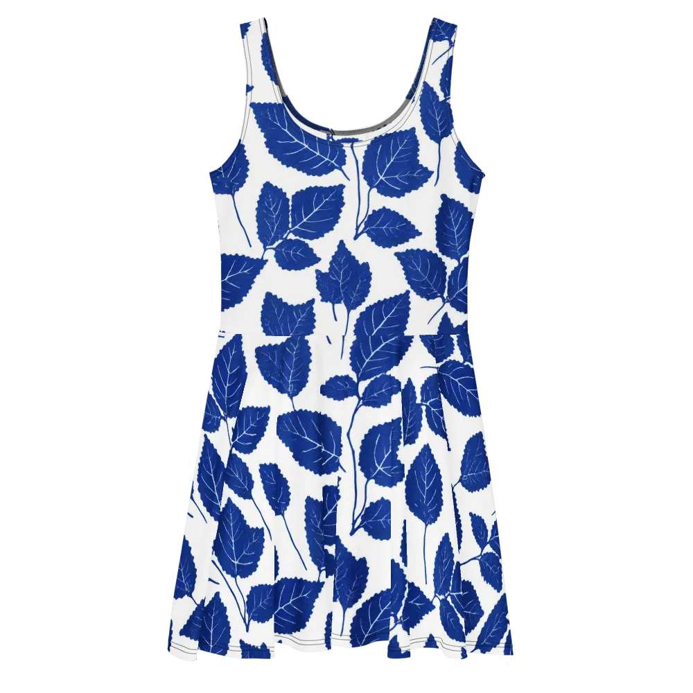 Indigo Leaves on Skater Dress — Front