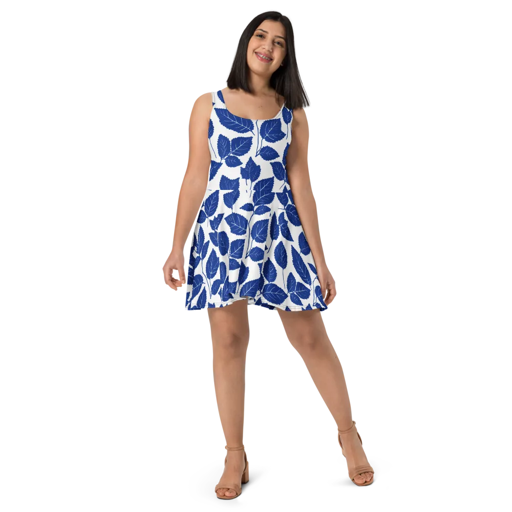 Indigo Leaves on Skater Dress — Front
