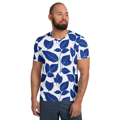 Indigo Leaves on a Men's Athletic T-Shirt