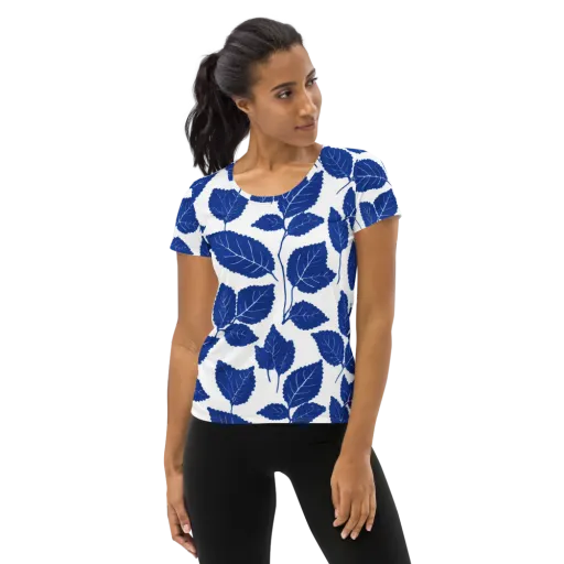 Indigo Leaves on a Women's Athletic T-Shirt